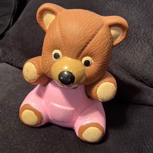 ⭐️ Teddy Bear piggy bank vintage Brown beer pink overalls ceramic no plug
